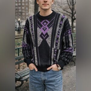 Vintage Bugle Boy Black and Purple Knit Sweater 80s 90s Y2K Made in Korea Retro